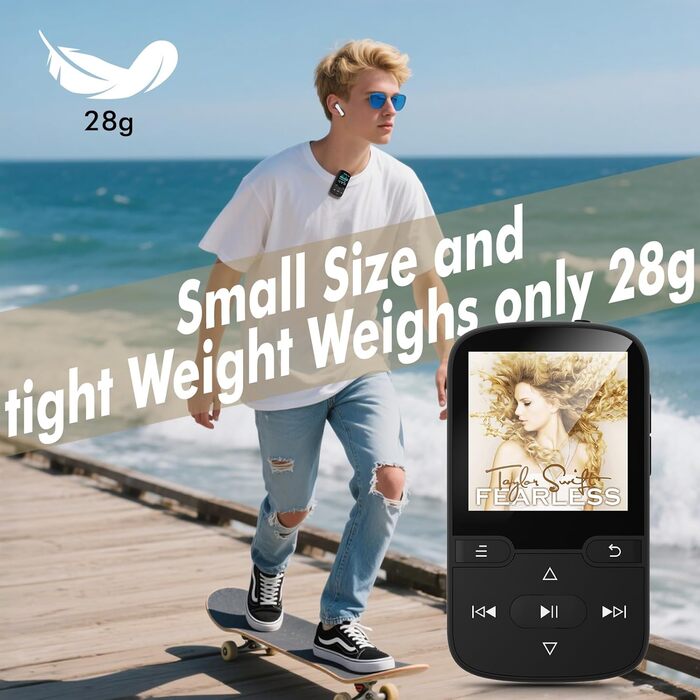 MP3 плеєр Bluetooth 5.3 з кліпсою, HiFi спортивний плеєр для дітей з FM-радіо, диктофоном та крокоміром, 64GB, чорний