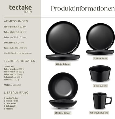 Набір посуду tectake® на 6 осіб, 30 предметів, чорний, з тарілок, мисок, глибоких тарілок та салатників