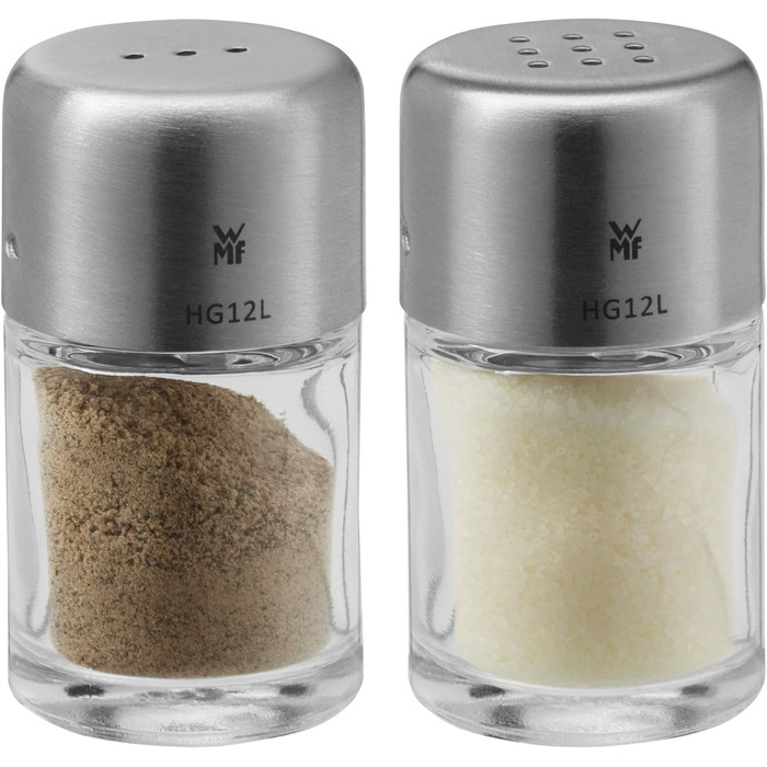 WMF Two-in-One Salt/Pepper Shaker Set, 2-piece, Salt Shaker, Pepper Shaker, Cromargan Stainless Steel, Brushed, Dishwasher Safe & Bel Gusto Salt and Pepper Shaker Set, 2-piece