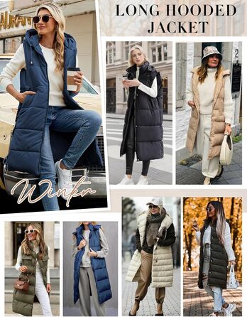 Жіноча довга стьобана жилетка Vancavoo з капюшоном, тепла зимова жилетка, довга жилетка (Морська синя, S)