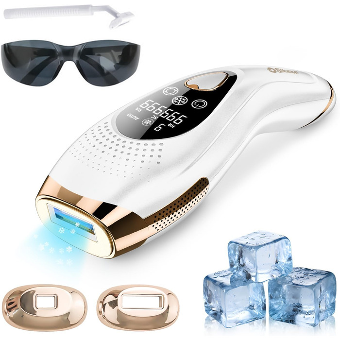 Пристрій для епіляції IPL з охолодженням 6°C, безболісна епіляція для тіла та обличчя, 999,900 імпульсів, 9 рівнів потужності, білий