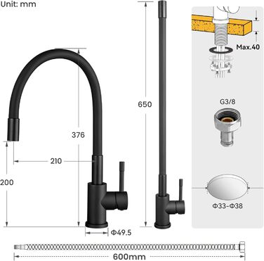 Змішувач кухонний CECIPA SOFETIY SERIE чорний з гнучким гусаком 360° для високого тиску, з нержавіючої сталі, для мийки, однолеверний