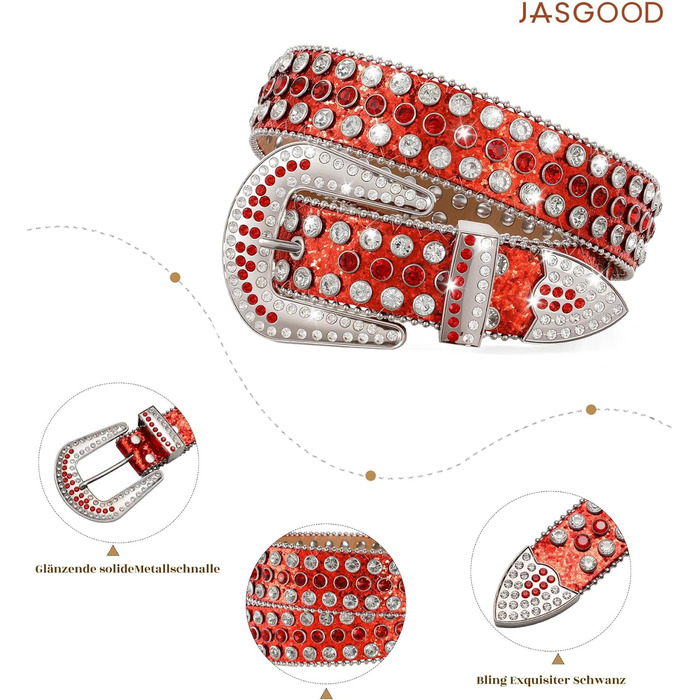 Жіночий шкіряний ремінь JasGood з камінням, в стилі вестерн, ковбойський, з заклепками для джинсів та штанів (Червоний, 135 см - підходить для розміру штанів 111-123 см)