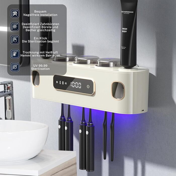 Організатор для ванної кімнати: тримач для зубних щіток, електричний диспенсер для зубної пасти, прес для тюбиків, 2 диспенсери для пасти з 6 слотами для щіток та 3 чашками (білий)