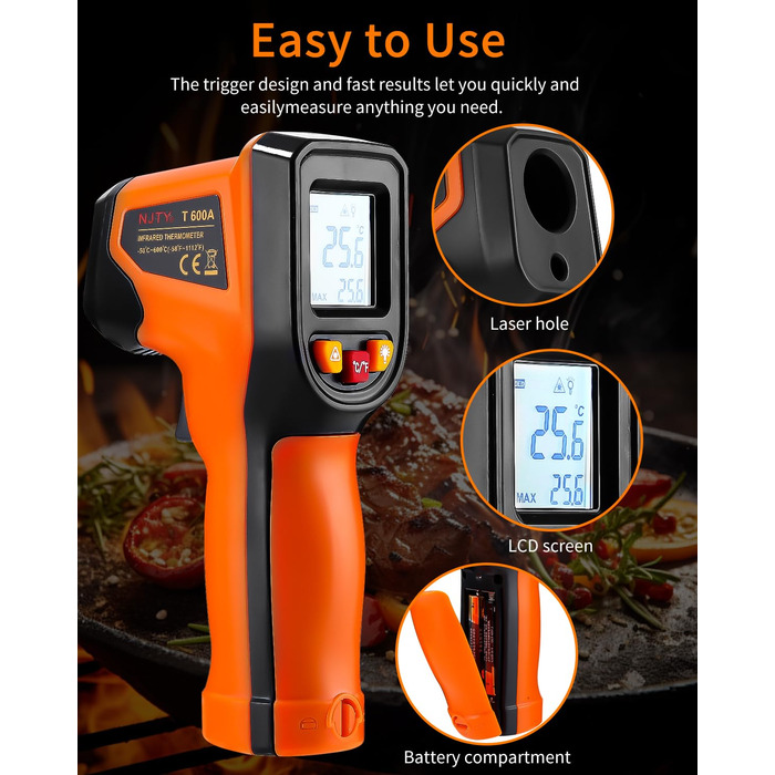 Інфрачервоний термометр цифровий -50°C～600°C: інструмент для вимірювання температури з лазерним цілевказівником та LCD дисплеєм (не для вимірювання температури тіла людини)