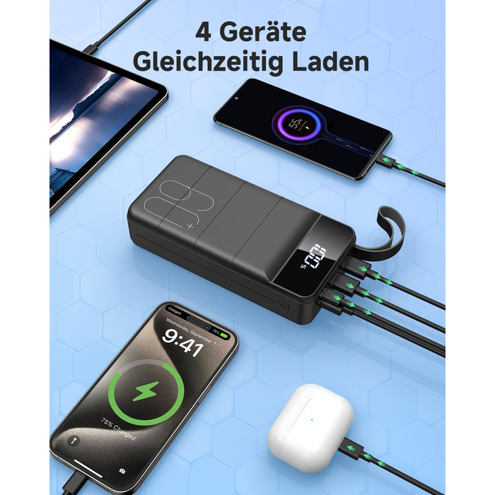 Power Bank 60000mAh 22.5W USB-C PD, Зовнішній акумулятор для смартфонів, планшетів, чорний