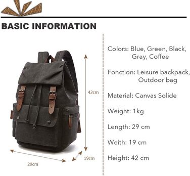 Canvas Backpack Vintage for Laptop Daypack Hiking Travel Large Capacity Bag Unisex (Black)