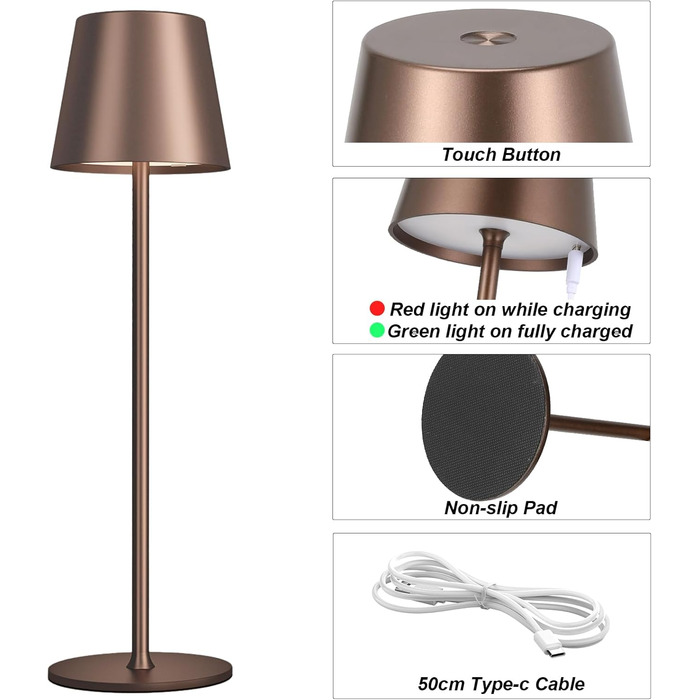 Акумуляторна LED настільна лампа бездротова з USB-C зарядкою, регульована яскравість, 3 режими світла, коричнева. Для дому, офісу, кемпінгу.