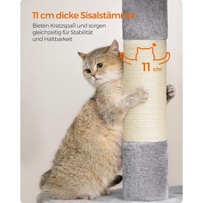 Feandrea Cat Tree, 84 cm Cat Tree, L, Cat House for Large Cats up to 7 kg, Large Platform, 2 Cat Caves, Sisal Posts, PCT61W (XL (68 x 48 x 101 cm), Light Grey)