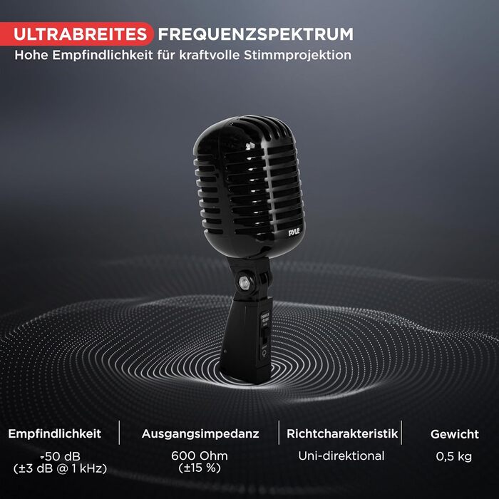 Мікрофон Pyle Динамічний Ретро-стиль, для вокалу та запису, з XLR-кабелем 4.88м, сумісний зі стандартним кріпленням, чорний