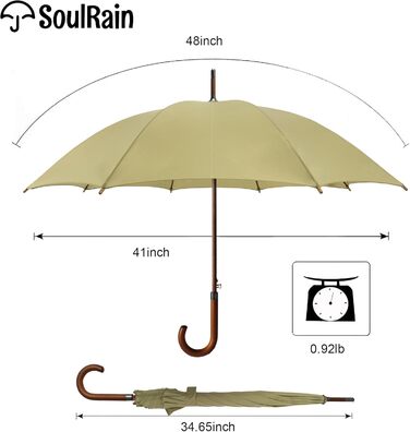 Вітростійкий парасолька SoulRain з класичною дерев'яною ручкою, автоматичне відкриття, прозорий, 121.9 см (Хакі)