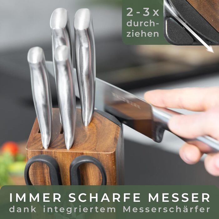 Waldwerk 7-Piece Knife Set with Block & Sharpener - Acacia Wood Knife Block Set - Premium Kitchen Knife Set