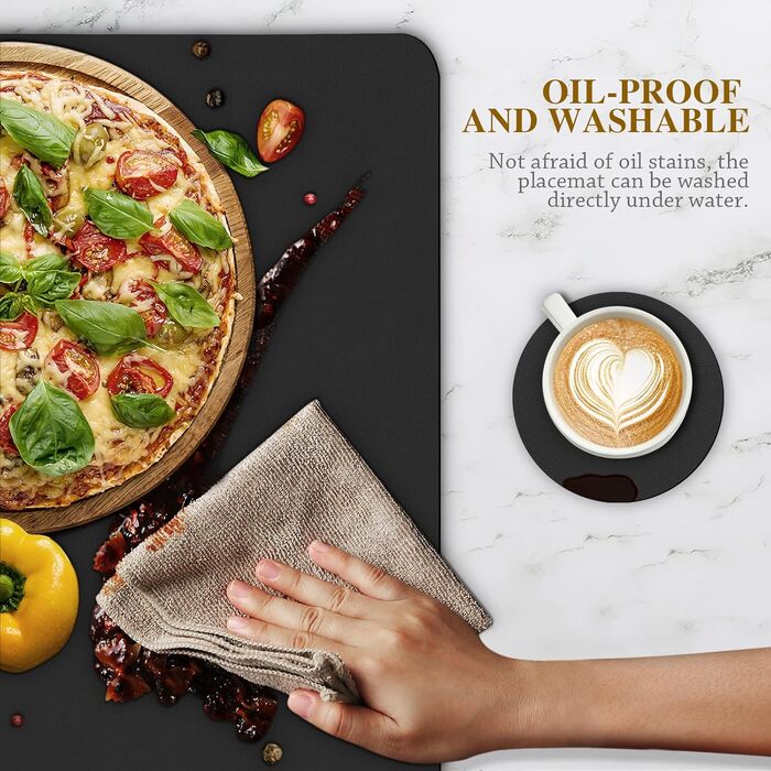 Placemat Set, 4 Pieces, Placemats with Coasters, Heat-Resistant, Scratch-Resistant, Non-Slip, Waterproof, Oil-Resistant, Washable, Wipeable, Kitchen Decoration and Kids (black, 4)