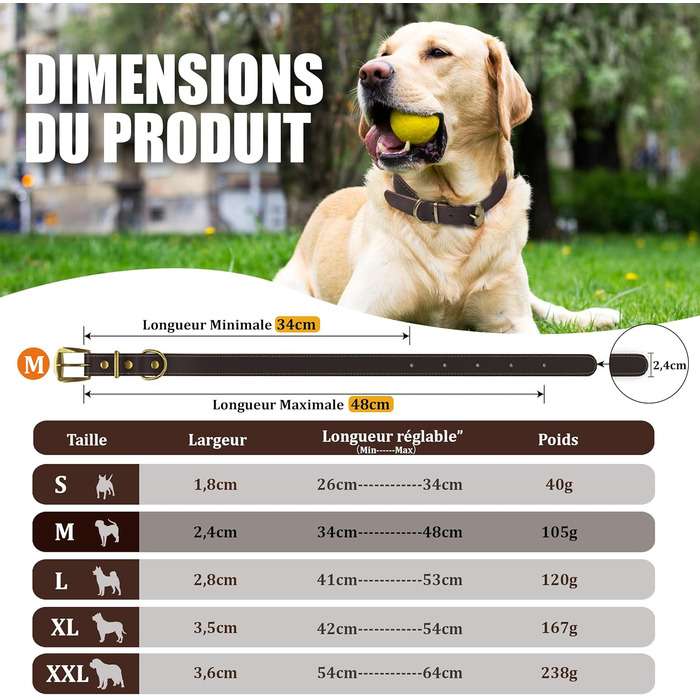 Нашийник для собак з натуральної шкіри, регульований, з металевою застібкою та кільцем, для великих порід