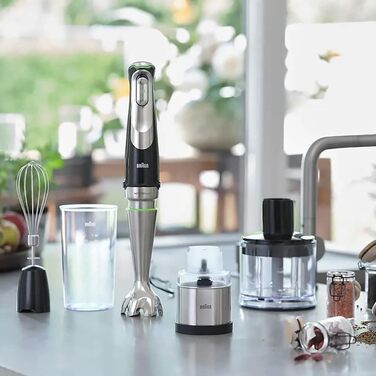 Braun MultiQuick 9 MQ9138XI Immersion Blender 1200 Watt with 5 Accessories: Mixing and Measuring Cup, Whisk, Chopper, 500 ml Coffee and Spice Grinder, Stainless Steel Mashing Foot, Black/Stainless Steel