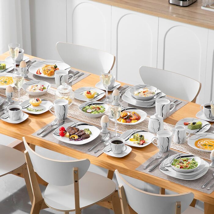 VEWEET FIONA 100-Piece Dinnerware Set, 12 Place Settings, Porcelain Dinnerware Set consisting of dinner plates, dessert plates, soup plates, cereal bowls, coffee cups, coffee mug set, egg cups, milk and sugar set