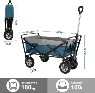 Візок транспортувальний EUGAD Bollerwagen 100л, складний, блакитно-сірий - для саду, кемпінгу, пляжу, вантажопідйомність 180 кг