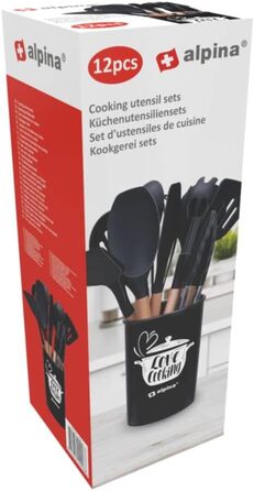 Набір кухонних аксесуарів Alpina 7 предметів з поворотним підставкою – кухонні інструменти, силіконовий набір посуду для приготування їжі (чорний)