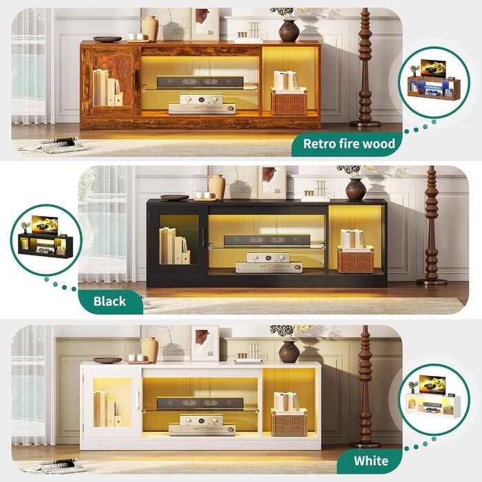 YITAHOME ТВ-тумба ретро з дерева, 148×32×51 см, з регульованою скляною полицею, LED RGB підсвіткою 144 см, пультом ДУ, коричнева