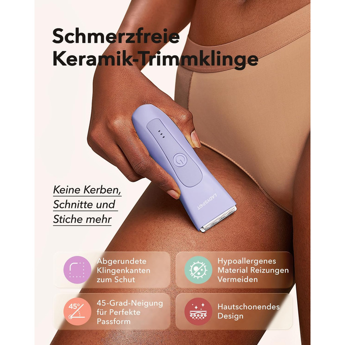 Електричний жіночий триммер для інтимної зони з 3 насадками та змінними керамічними лезами, фіолетовий