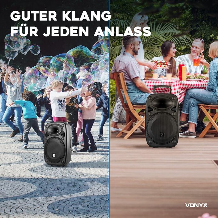 Vonyx Verve46 – портативна акустична система з мікрофонами, 1000 Вт, Bluetooth, MP3, для вечірок та PA-системи, чорний