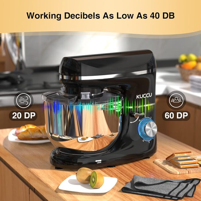 Кухонний комбайн-міксер 1500W з чашею з нержавіючої сталі 7Л, планетарний міксер для тіста з 6 швидкостями та набором насадок (гак, вінчик, міксер), чорний