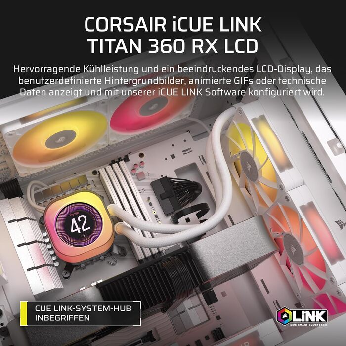 Рідинне охолодження процесора Corsair iCUE LINK Titan 360 RX LCD, біле, 360мм AIO, 3x RX120 RGB вентилятори, FlowDrive, для Intel LGA 1851/1700 та AMD AM5/AM4