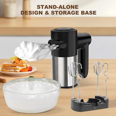 Бездротовий міксер з цифровим дисплеєм, 7 швидкостей, акумуляторний, з 6 насадками з нержавіючої сталі (міксер, вінчик, гачок для тіста) та підставкою для зберігання