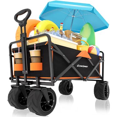 Універсальний складаний візок-телега EchoSmile Bollerwagen 200л, 160кг: для пляжу, саду, покупок (чорно-помаранчевий)