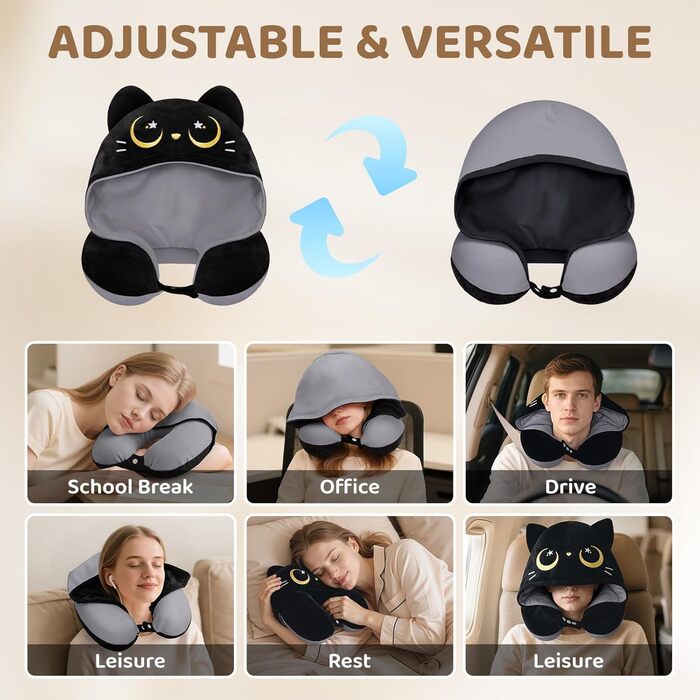 Подушка для шиї Mewaii з капюшоном, двостороння, для дітей та дорослих, дизайн котика, захист приватності, м'яка піна з пам'яті сірої кольорової гами