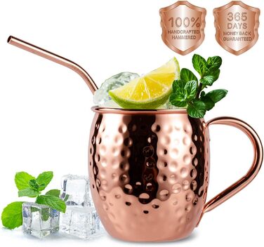 Moscow Mule Copper Mug Set, Handmade, Food-Safe, Copper Mug for Moscow Mule Cocktail, 473 ml, Gift Set with 1 Shot Glass, 4 Straws, and 4 Coasters, 4 Pieces