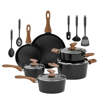 Набір кухонного посуду Kitchen Academy з антипригарним гранітним покриттям, 15 предметів: каструлі, сковороди з кришками, для індукційних плит, чорний колір