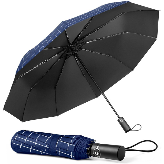 Чоловічий парасолька-тростина TechRise, великий, штормостійкий, 10 спиць, автоматичний, компактний, синьо-блакитний в клітинку
