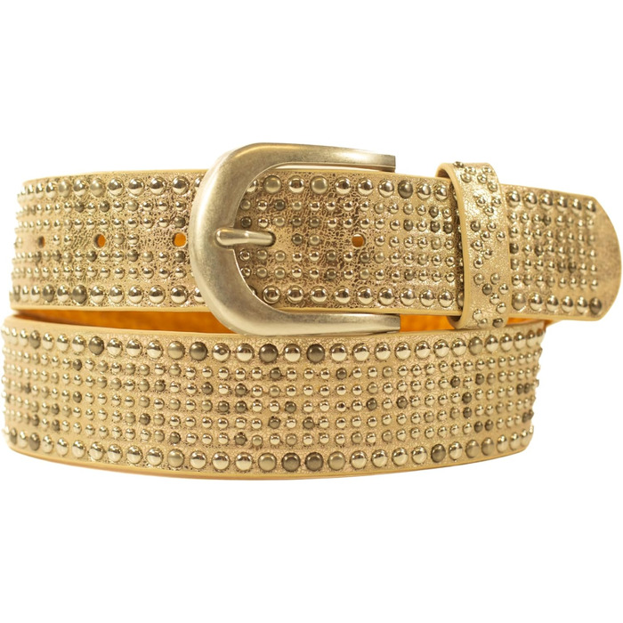 Жіночий ремінь Damengürtel з заклепками та стразами, вінтажний стиль, синтетика, ширина 3.8 см, довжина 110 см (є варіанти 115 см, колір Solar-gold)