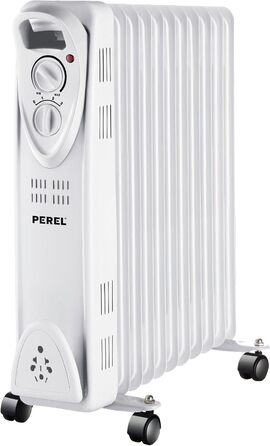 Масляний радіатор Perel 2500W з 11 ребрами, 3 режими, термостат, колеса, захист від перегріву та перекидання, тихий та енергоефективний для великих приміщень до 30 м²