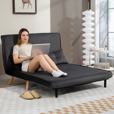 HOMCOM 2-Seater Sleeper Sofa, Convertible Sofa Bed, Adjustable Backrest, Fabric Upholstery, Metal Frame, Gray