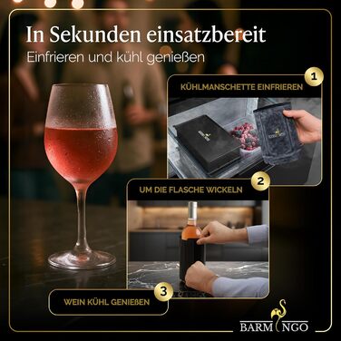 Охолоджувач для вина BARMINGO з нержавіючої сталі з 2 охолоджувальними акумуляторами – охолоджувач для напоїв та пляшок для вина, шампанського та секту | Подвійний сектокюлер з охолоджувальними манжетами | Охолоджувач для винних пляшок | Золотий