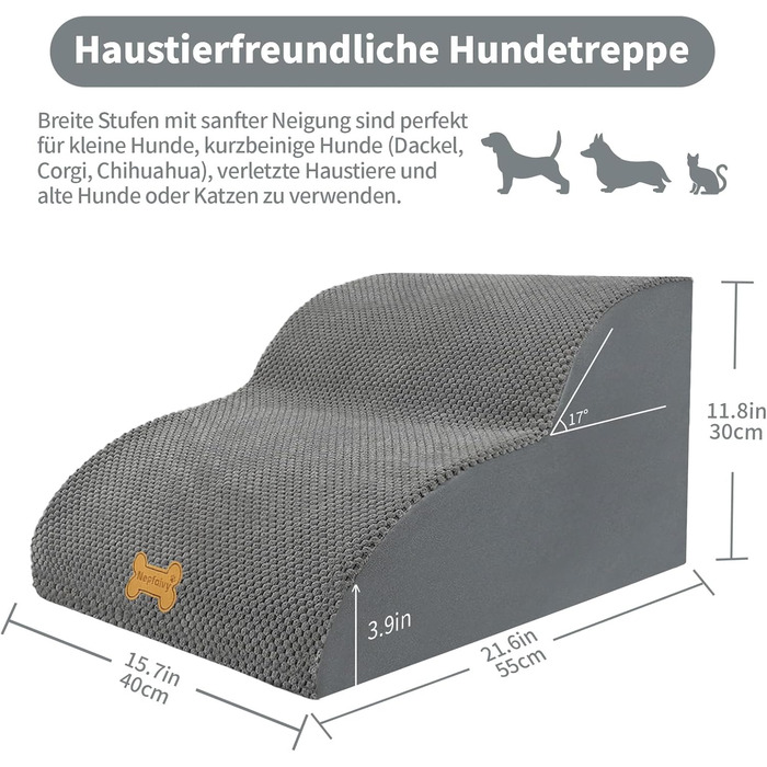 Non-slip dog stairs for small dogs, 2-step, pet stairs for bed and sofa made of high-density sponge, dog stairs/ramp with removable, washable cover and non-slip bottom, 55x40x30cm