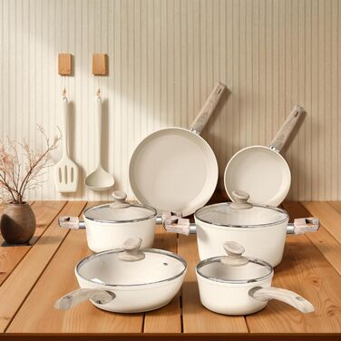 Набір посуду для індукції DishDelight, 12 предметів, гранітне антипригарне покриття, бежевий колір. Каструлі та сковороди з кришками.