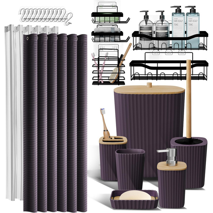 Набір аксесуарів для ванної кімнати 25 предметів: душова полиця, органайзер, зелений душовий завіс, щітка для унітазу, сміттєвий бак, дозатор мила