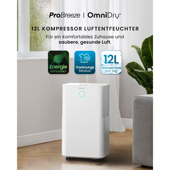 Pro Breeze OmniDry Dehumidifier 12L/24h Dehumidification Performance - Electric Dehumidifier, Humidity Sensor, Drain Hose, Digital Display, Sleep Mode, Timer - Against Humidity, Mold