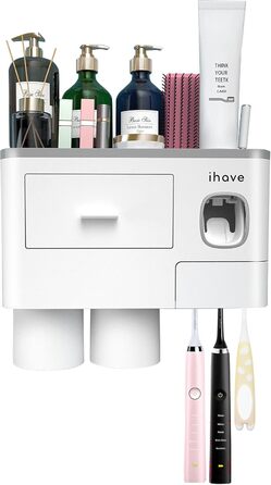 I have toothbrush holders for bathroom decor, 2 cup toothbrush holders wall-mounted with toothpaste dispenser, bathroom accessories with a large-capacity tray, and a cosmetic drawer.