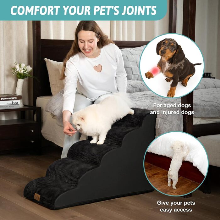 Сходинки для собак маленьких порід, сходи для домашніх тварин на диван з високощільним губкою, сходи для собак з миючим покриттям та неслизьким дном (3), чорний колір, 5 сходинок (40x84x57 см)