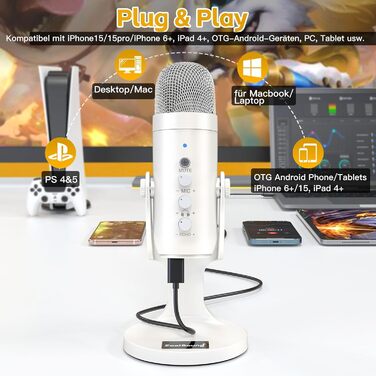 Zealsound USB мікрофон K66 Pearly White: для стрімінгу, геймінгу, YouTube, ASMR, вокалу. З шумозаглушенням, Mute, регулюванням Gain. Сумісний з PC, Mac, iPhone, Android, PS4/PS5