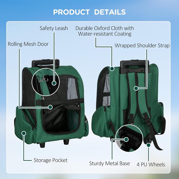 PawHut Рюкзак-переноска для собак та котів 2-в-1 з кишенями, телескопічною ручкою та колесами, 42 x 25 x 55 см, Зелений