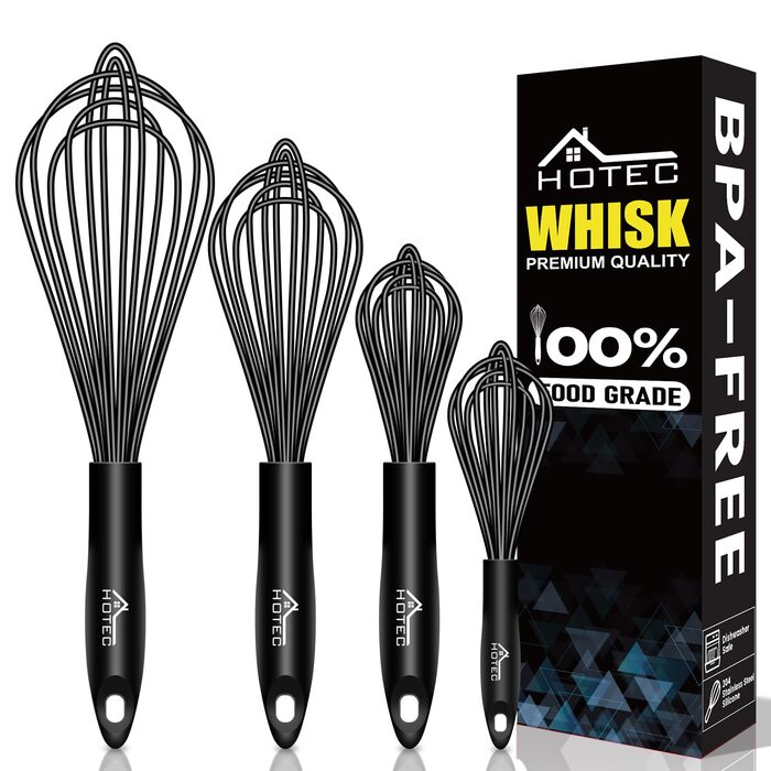 Набір міксерів Hotec: 4 шт. силіконових та нержавіючої сталі для збивання, перемішування та змішування. Кухонні аксесуари, чорний/блакитний