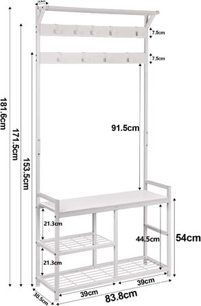 Leader Accessories Coat Rack with Bench Metal Coat Rack Rustic Clothes Rack 182x30x84cm (H x W x D) White