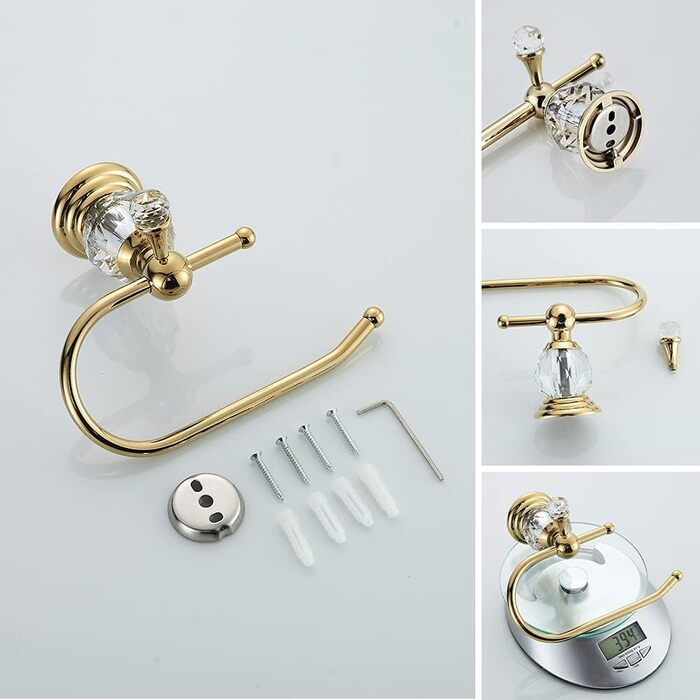 Toilet paper holder, polished, gold-colored, brass, crystal, tissue holder, bathroom accessories, wall mount