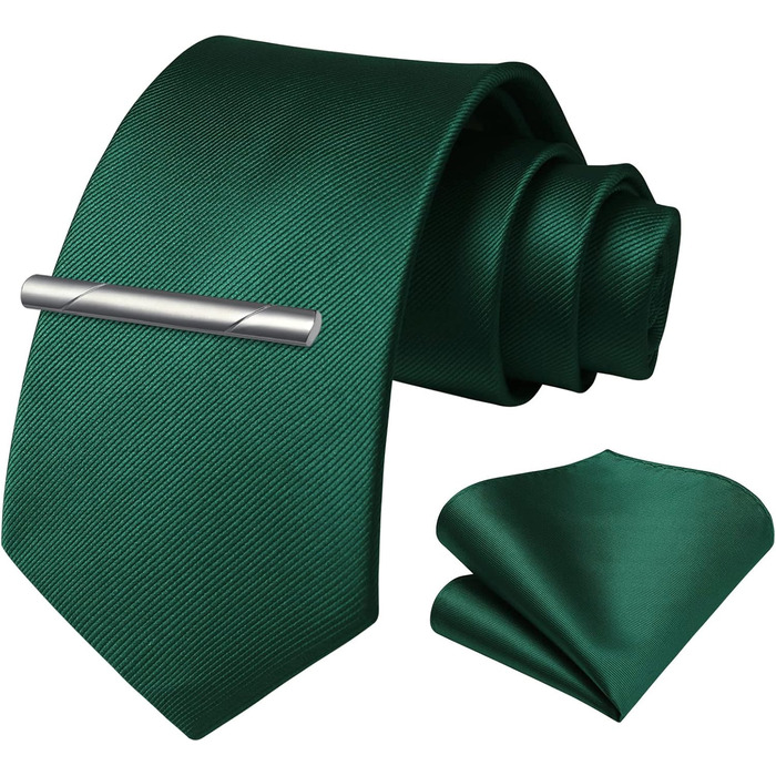 HISDERN Комплект краватки, нагрудного хустинки та краваткової затискачки для весілля. Однотонні кольори, універсальний розмір, зелений.