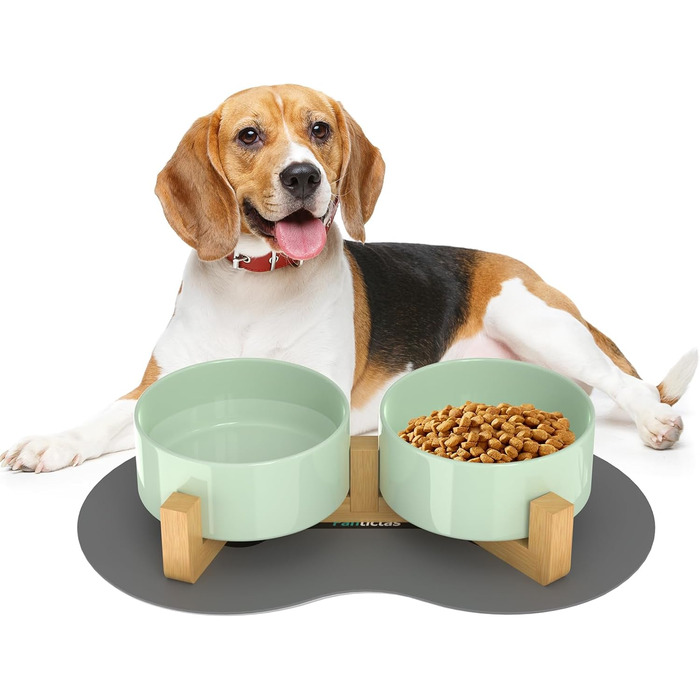 Doppel 850ml Ceramic Dog Bowl - Elevated Food and Water Bowl with Bamboo Stand & Non-Slip Mat for Medium & Large Dogs